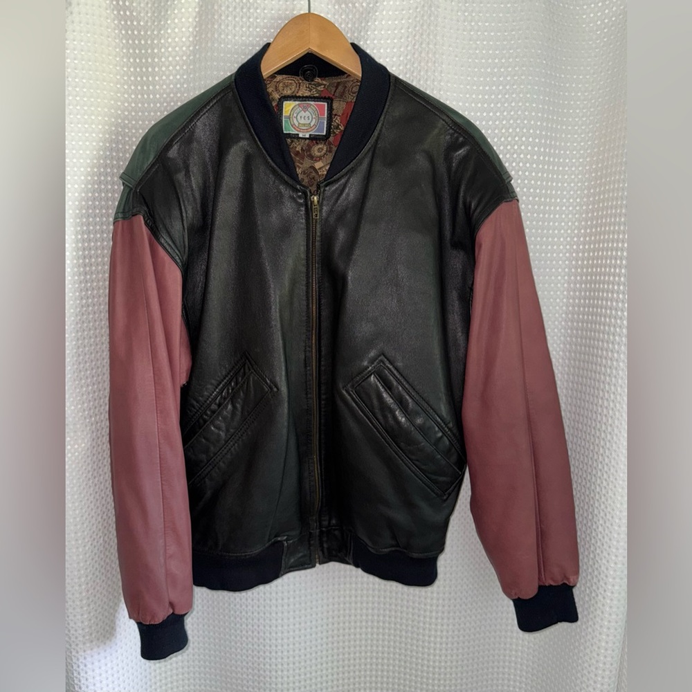 Vintage 90’s colour block leather Bomber style Jacket‎ Men’s medium